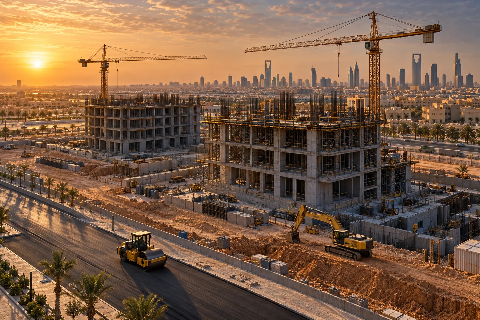 Illustrative construction site with tower cranes and earthmoving equipment