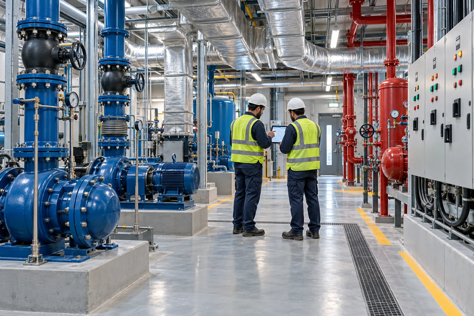 Illustrative mechanical plant room with ductwork and piping