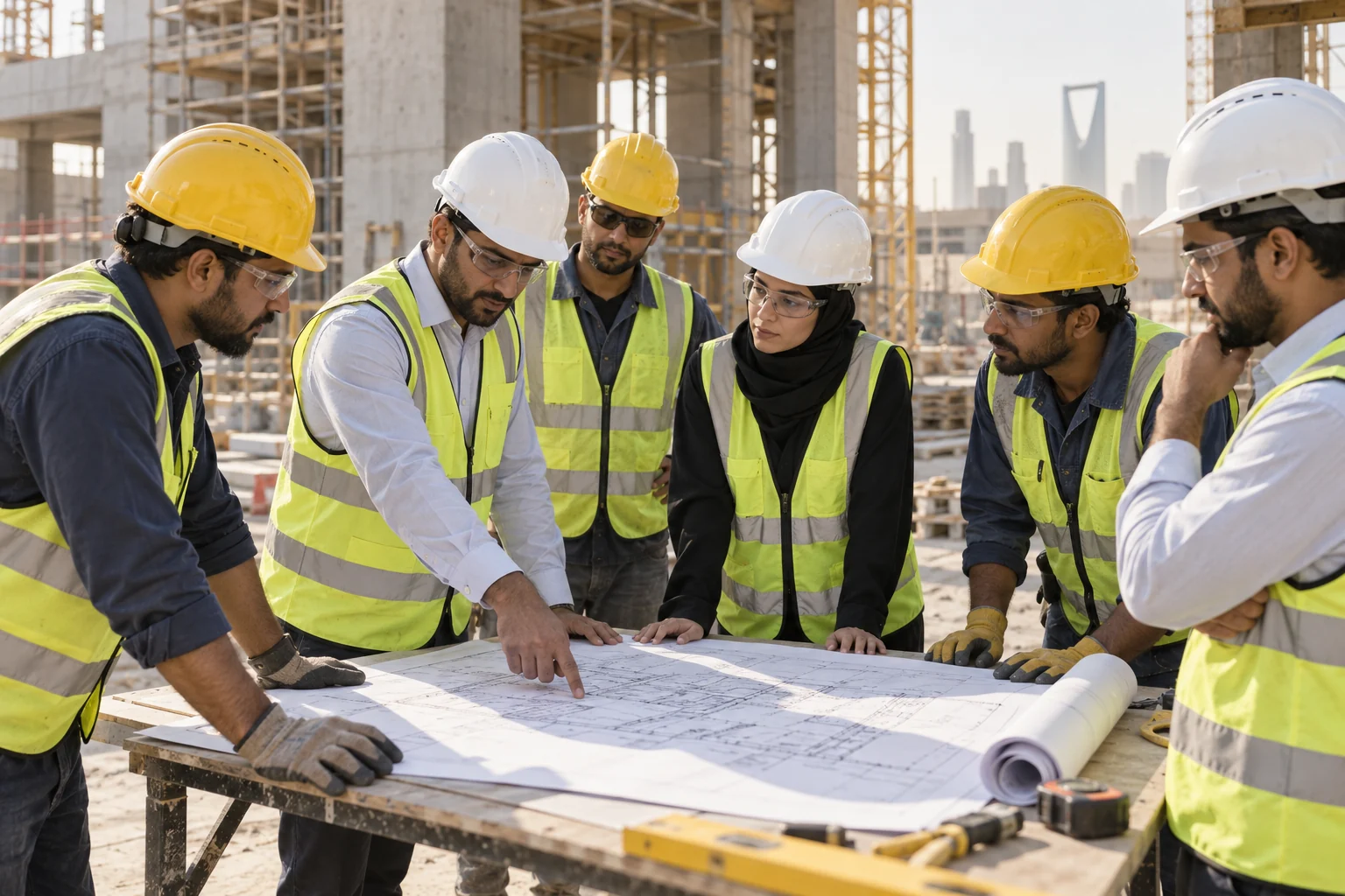 Illustrative construction team reviewing site drawings